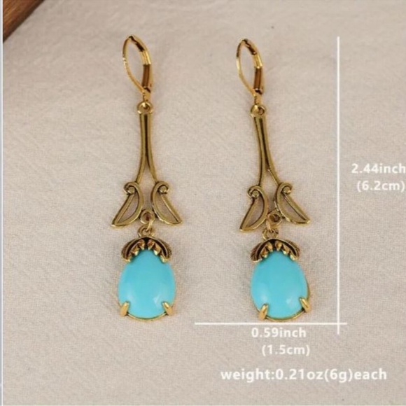 NEW Art Nouveau 18k Gold Plated and Turquoise Blue Stone Elegant Drop Earrings - Picture 4 of 4